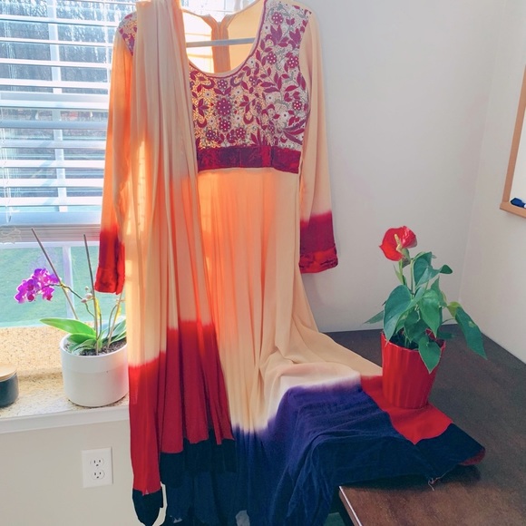 Vintage Indian Bollywood Velvet Trim Chiffon Anarkali Dress and Dupatta Set - Picture 4 of 8